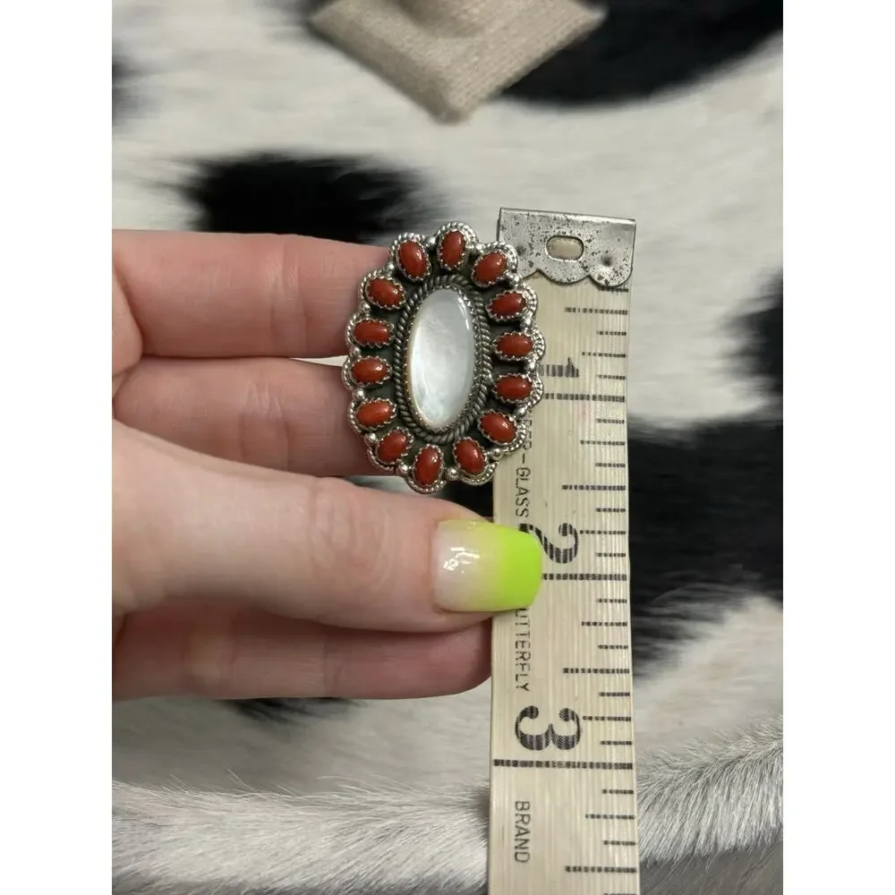 Native American Sterling Silver Mother Pearl Red Coral Multistone Cluster Ring